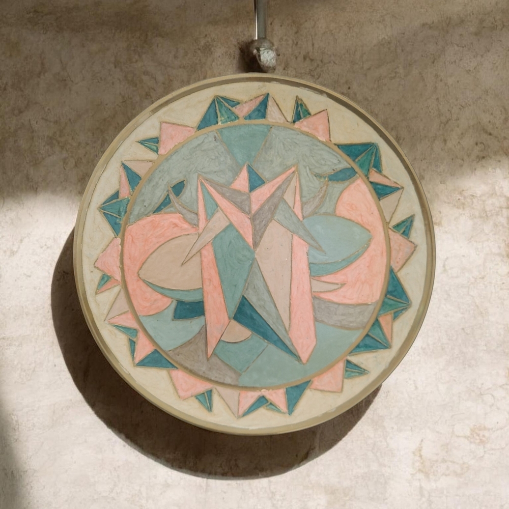 Vintage Brass Abstract Geometric Round Wall Plaque in Teal & Peach